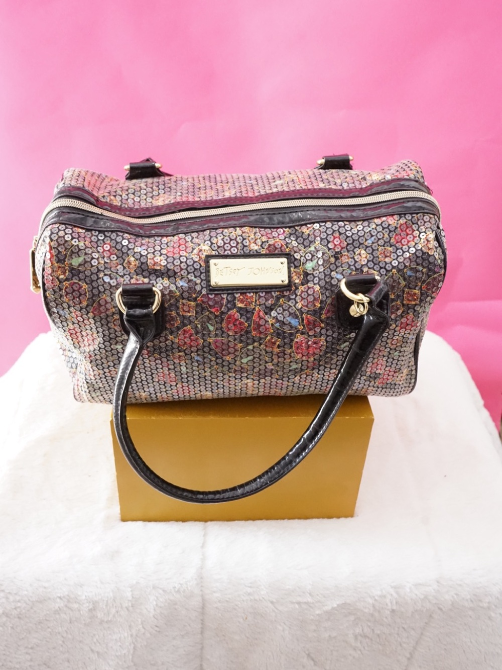 Betsey Johnson Vintage Sequin Jewel Satchel Duffle Bag Black Pink Lips